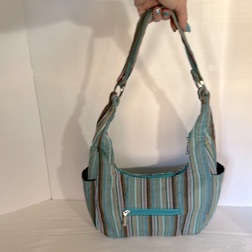 100% cotton striped teal green rust hobo over shoulder purse like new never used